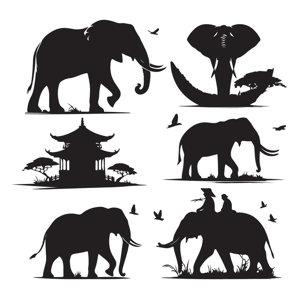 Set of elephant figures illustrated in silhouette on a white canvas vector