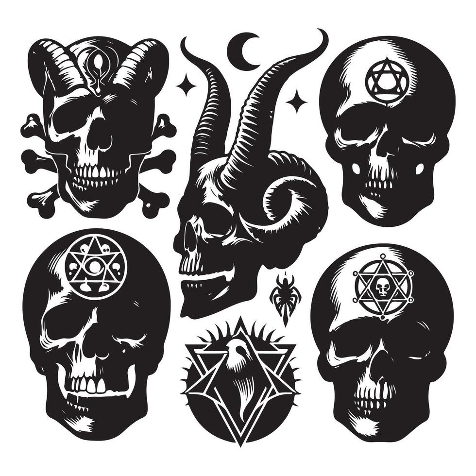 Silhouettes of skull heads in various styles vector