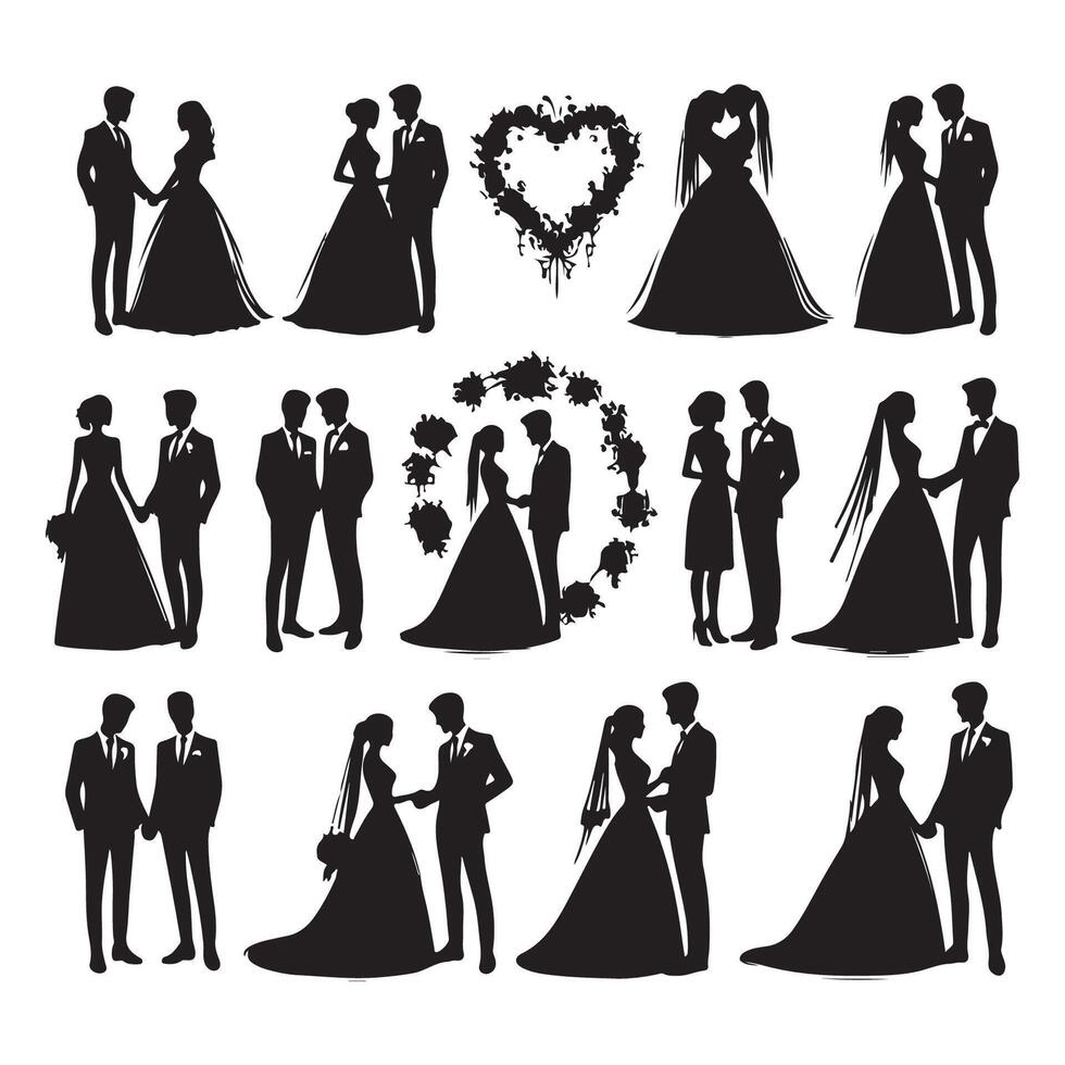 Silhouettes portraying couples on their wedding day vector