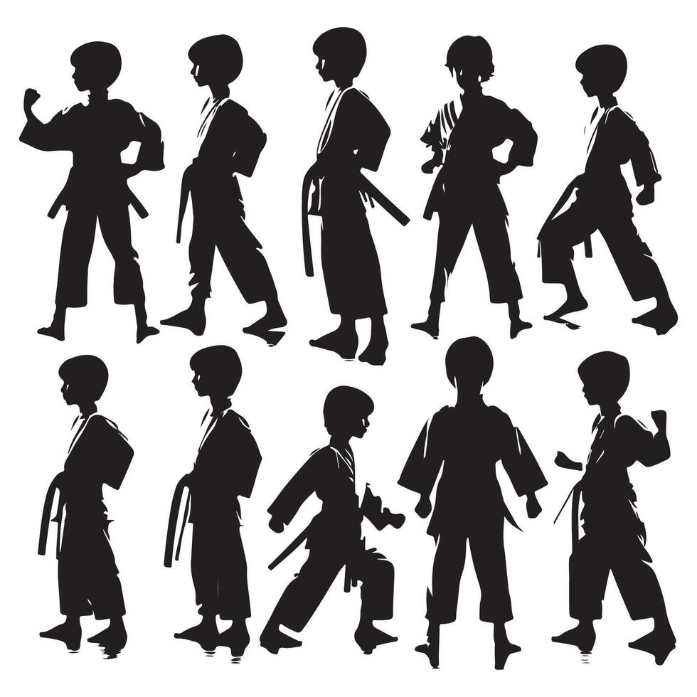 A display of silhouettes of young karate enthusiasts vector