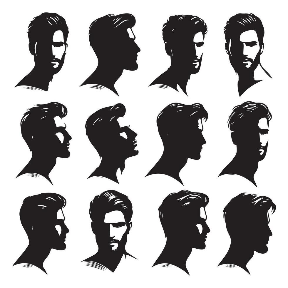 Silhouetted set of male head shapes vector
