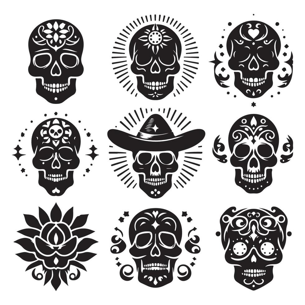 Multiple silhouette styles of skull heads vector