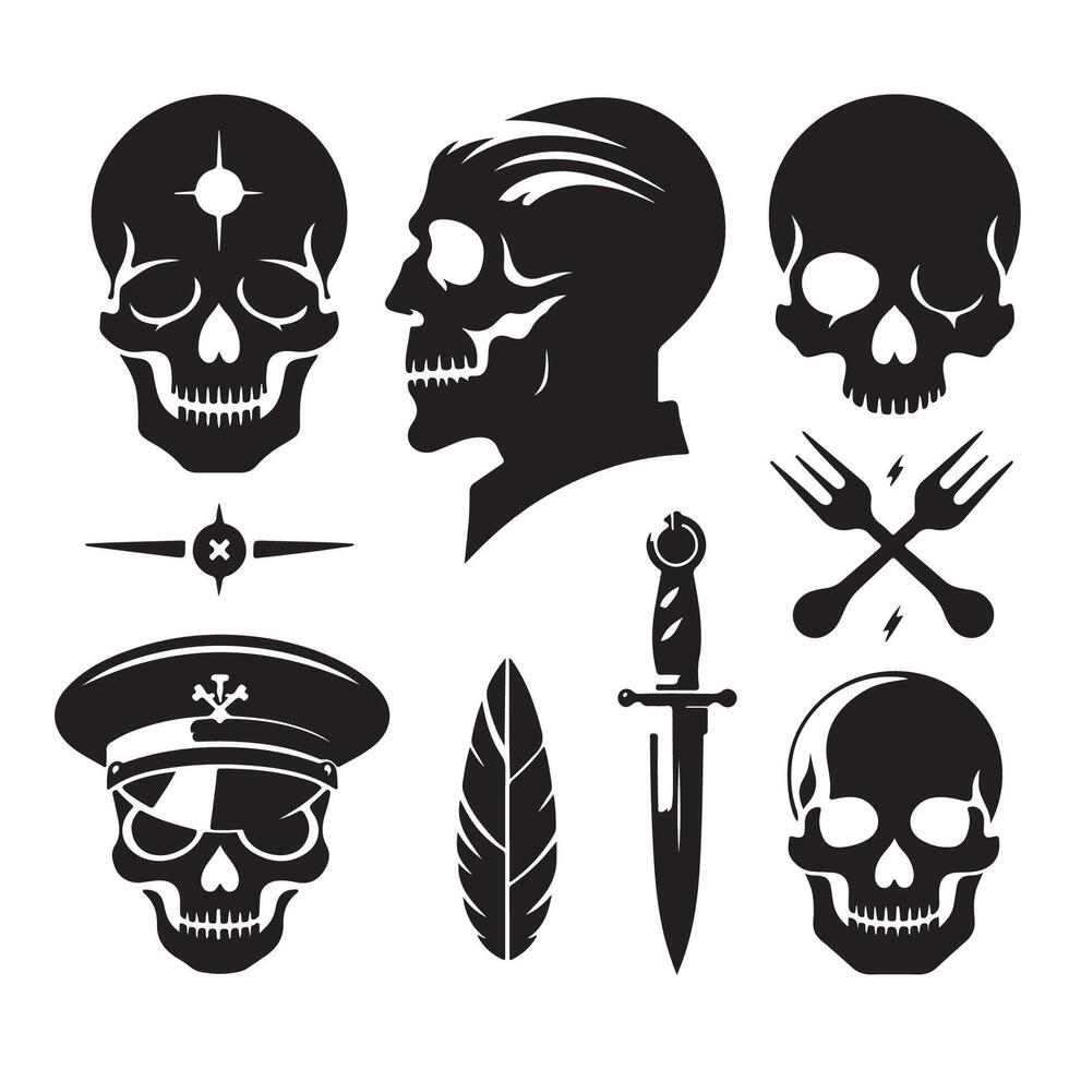 Skull head silhouettes in diverse styles vector