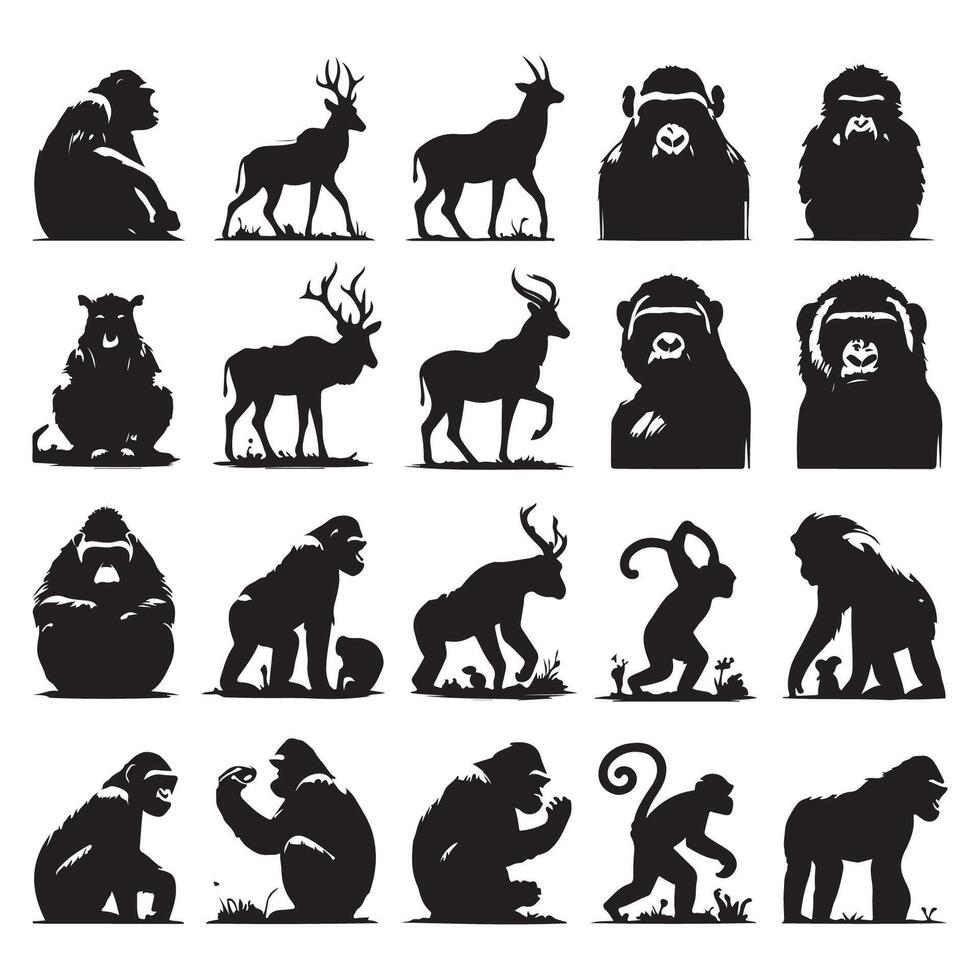 Array of ape animal silhouettes vector
