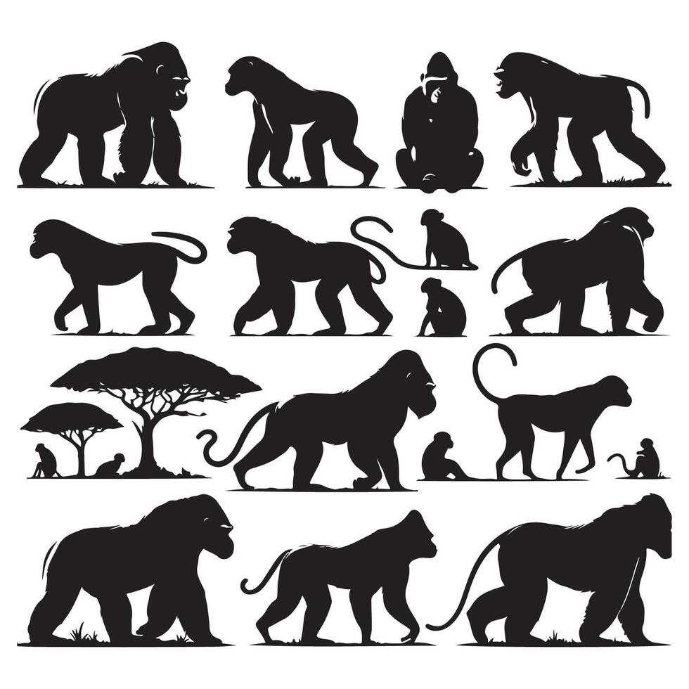 Silhouetted troop of ape animals vector