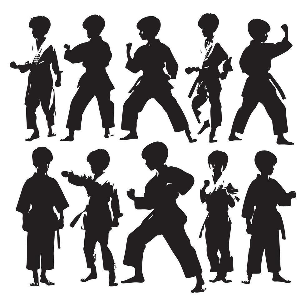 A collection of young karate boys in silhouette vector