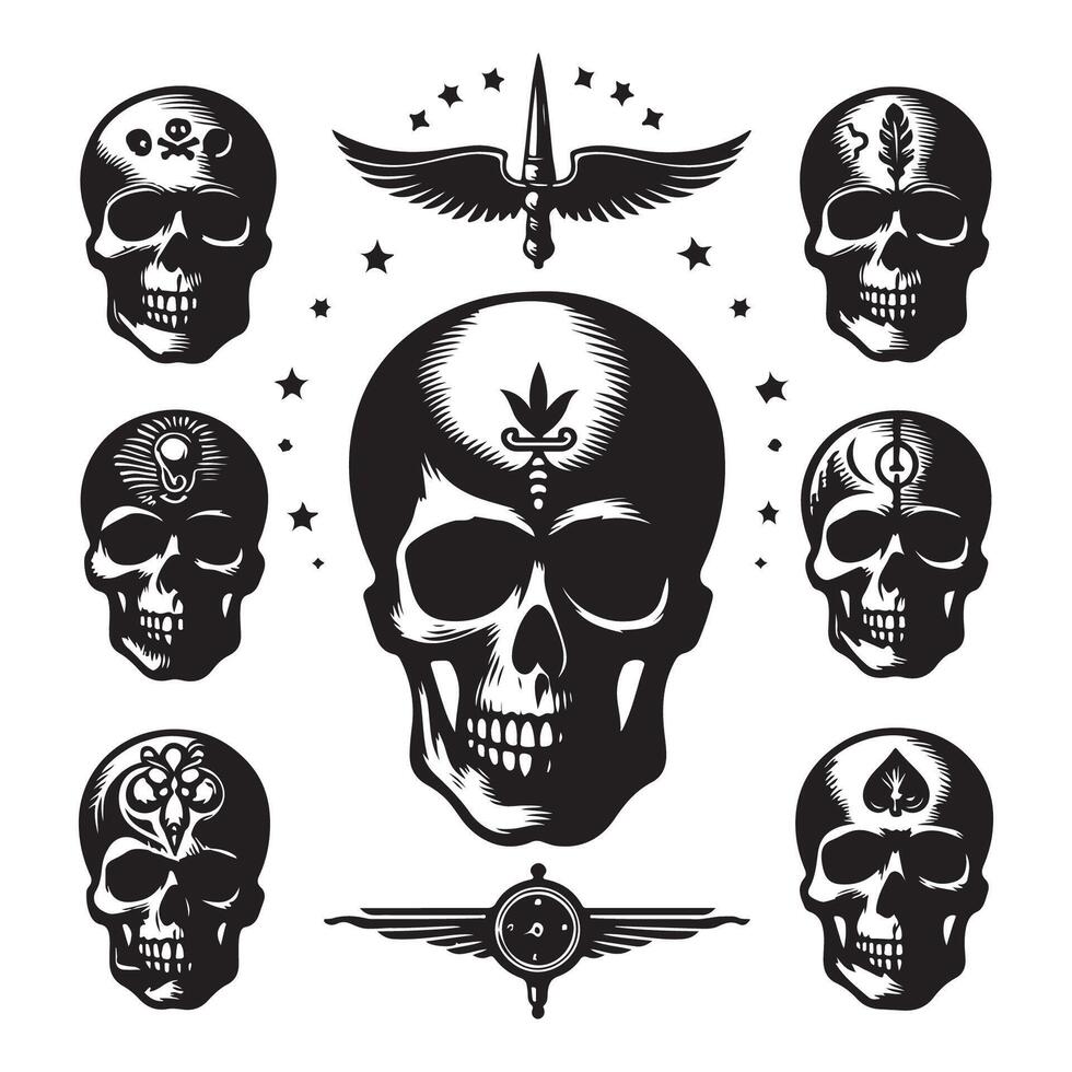 Assortment of skull head silhouettes vector