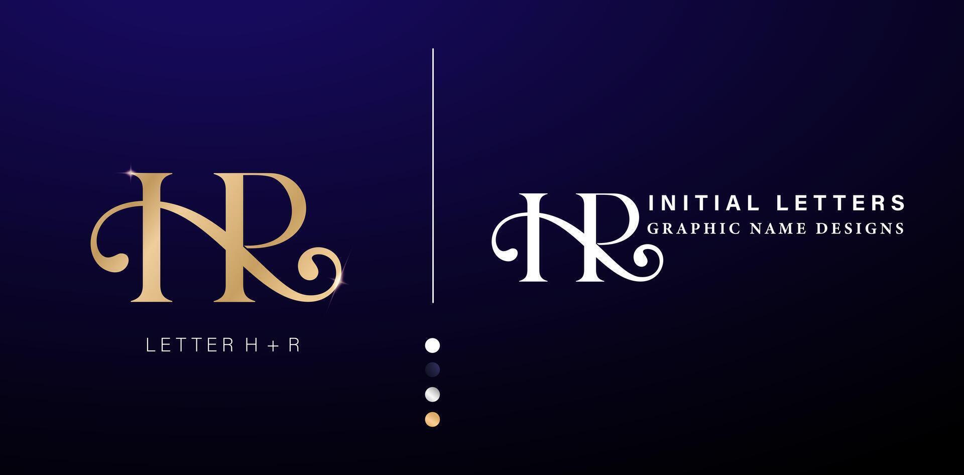 initials HR Alphabet letters logos design with gold and black for company and business, branding ads campaigns, letterpress, embroidery, covering invitations, envelope sign symbols vector