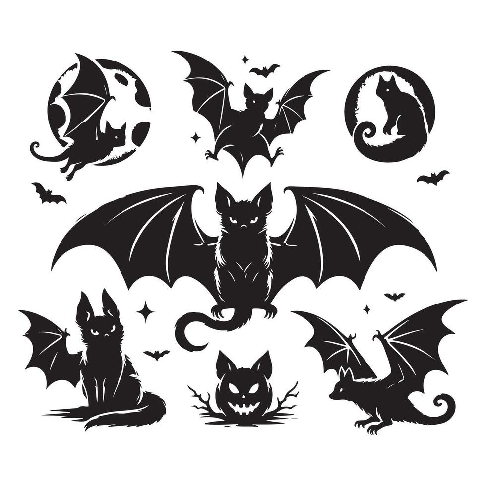 Silhouette style bat illustration set vector