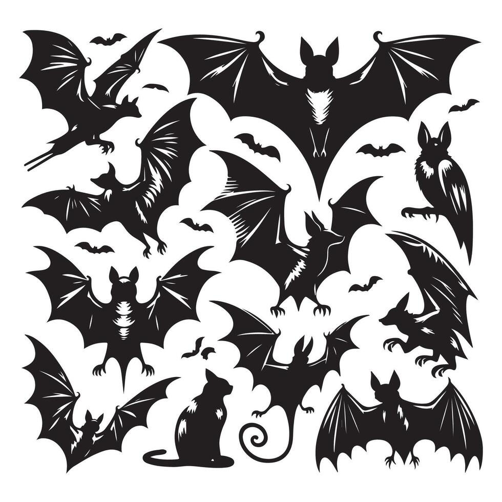Set of bat illustrations featuring silhouette styles vector