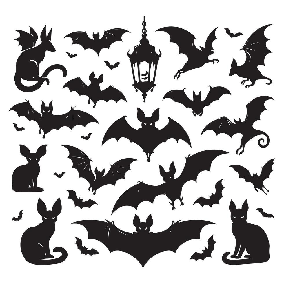 Bat silhouette themed illustration set vector