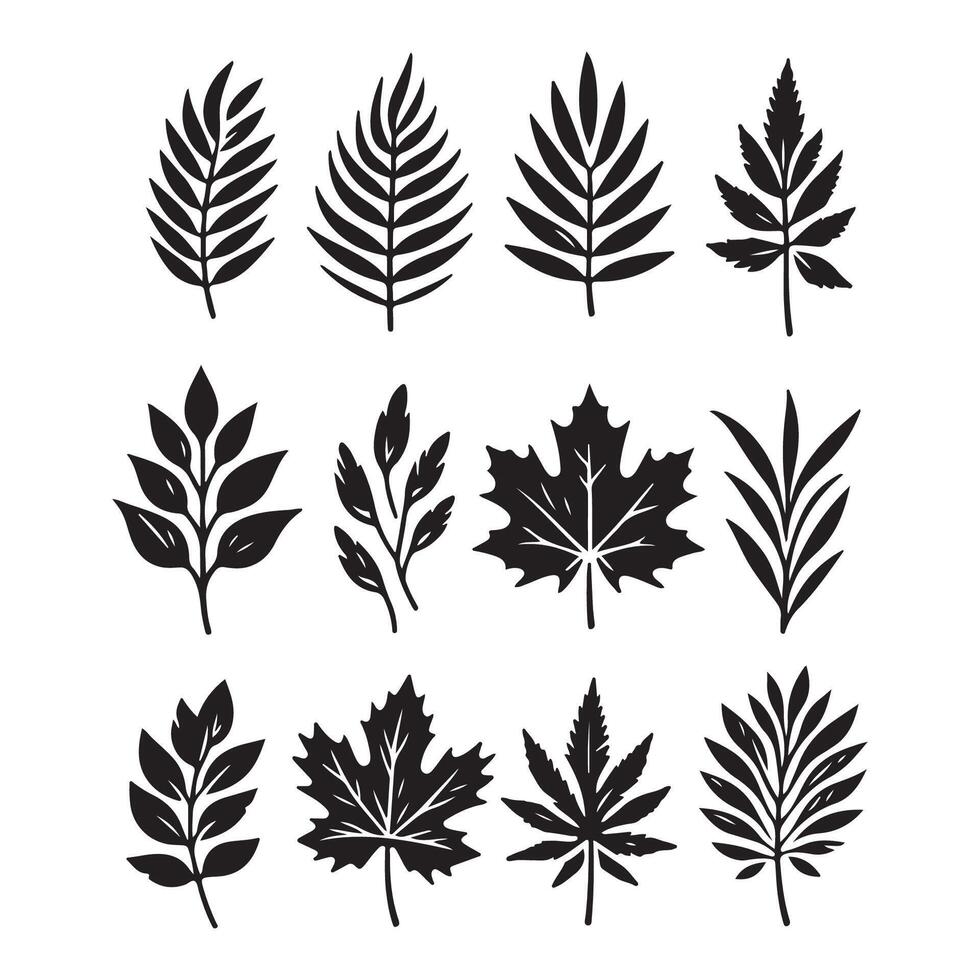 An array of silhouettes made of black leaves inked vector