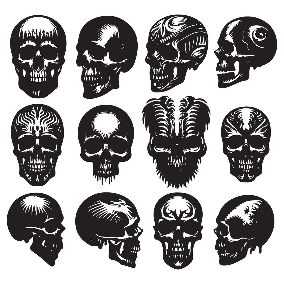 Set of diverse skull head silhouettes vector