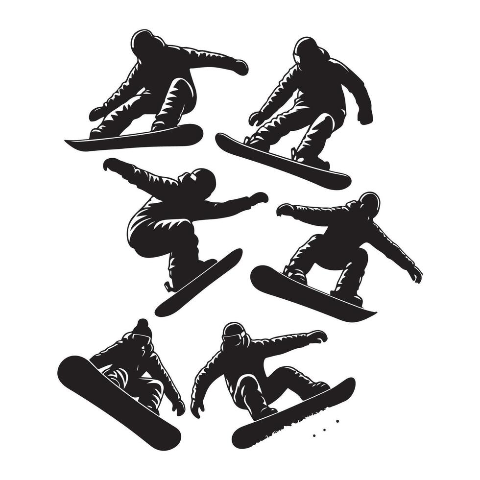 Outline set of snowboarders mid-ride vector