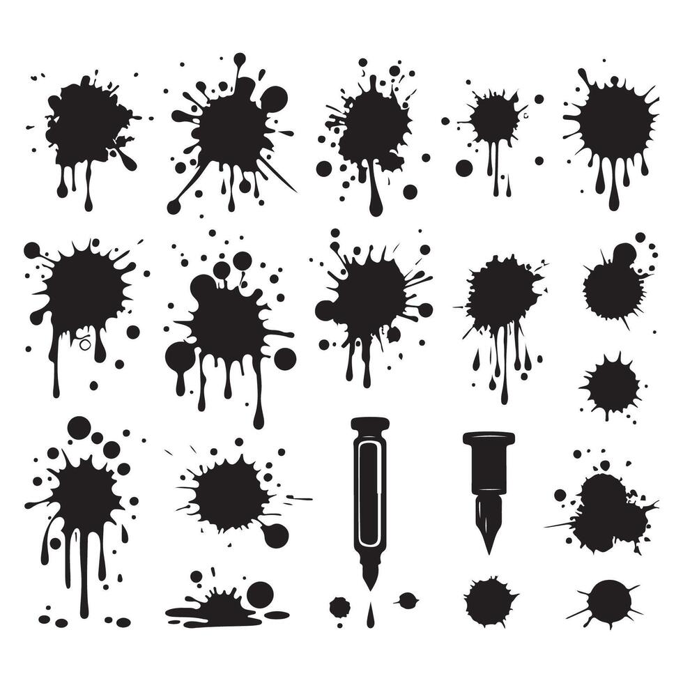 Set of ink drips and blots portrayed as silhouettes vector