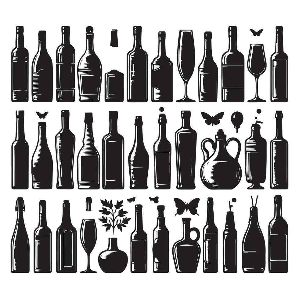 Silhouetted set of different bottles vector