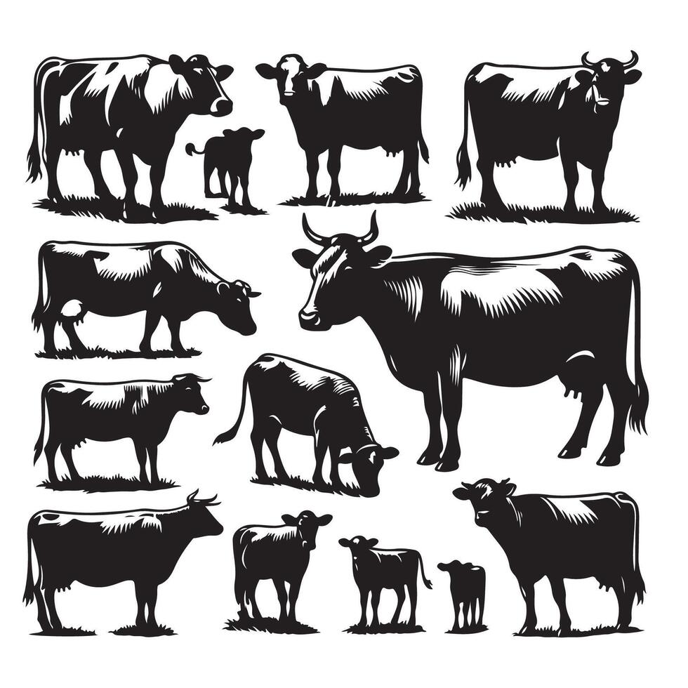 Display of cattle silhouettes against a clean white surface vector