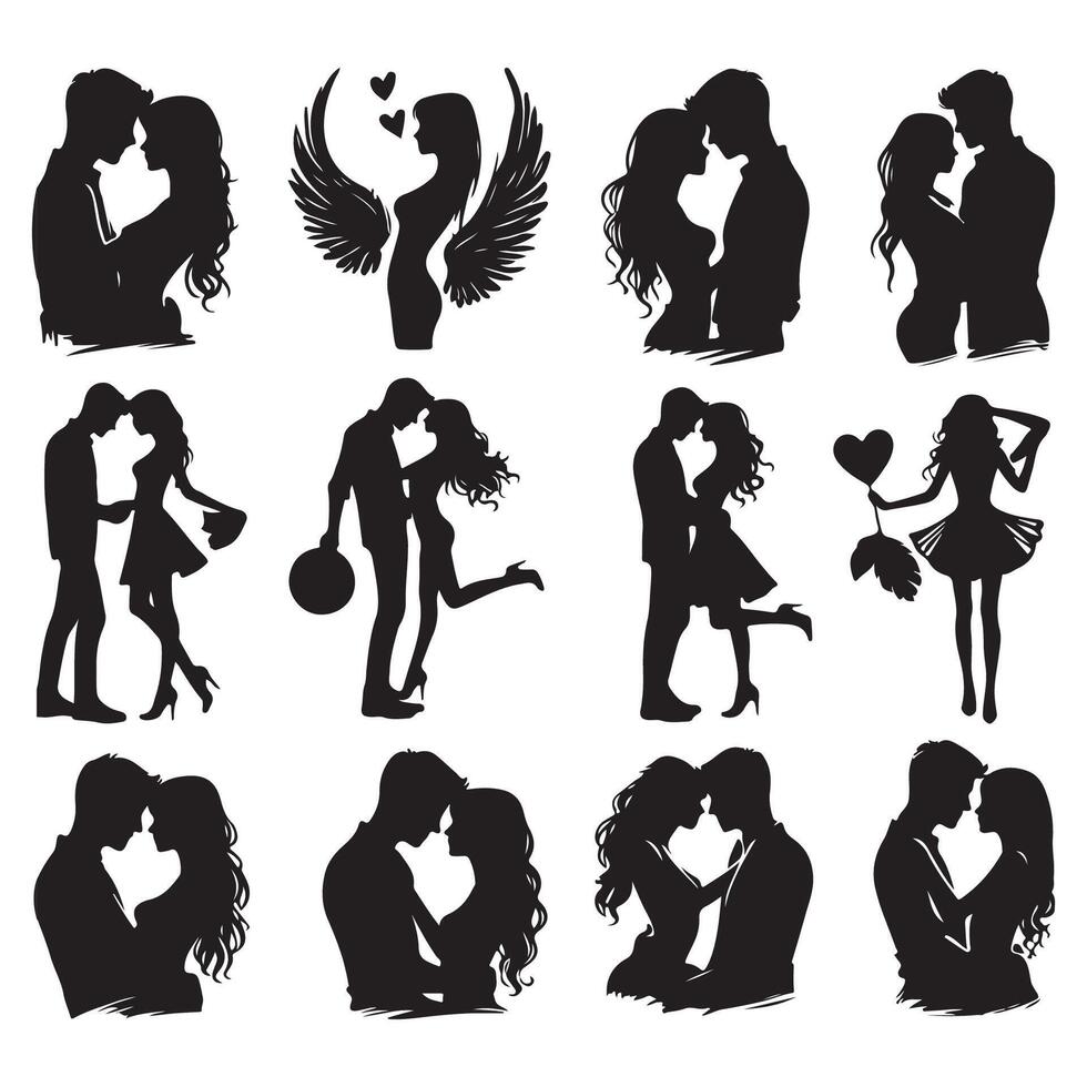 Set of silhouette images capturing a romantic couples bond vector