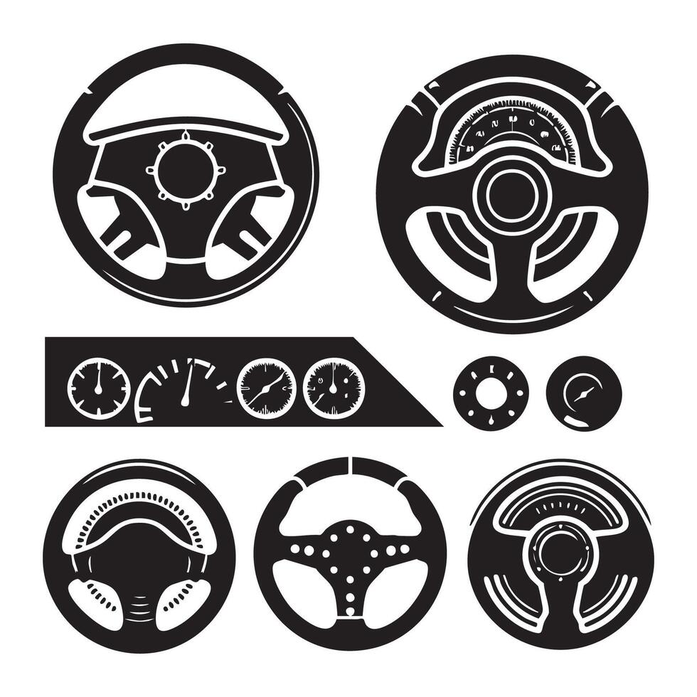 Range of car steering wheel silhouettes presented on a white background vector