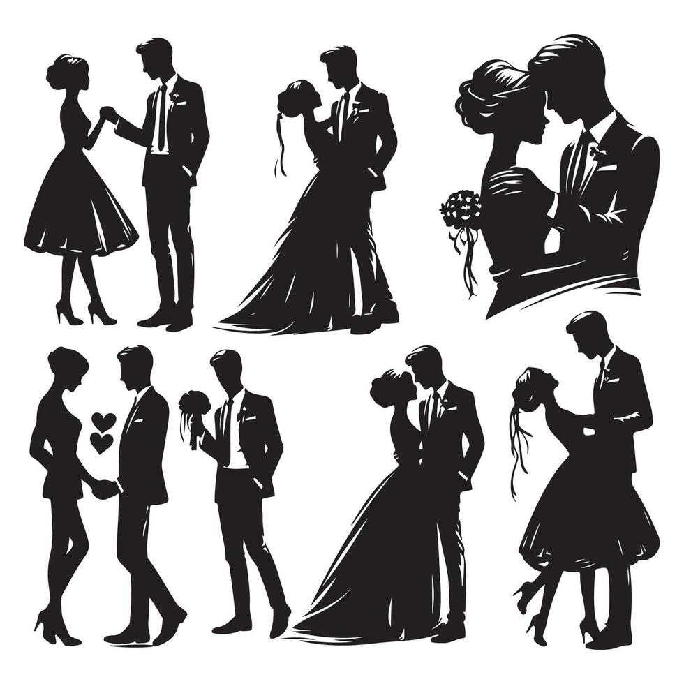 A collection of silhouettes portraying a loving couple vector