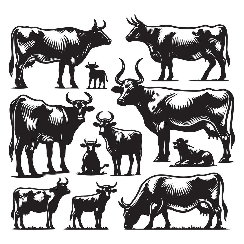 Set of cow figures silhouetted on a white canvas vector