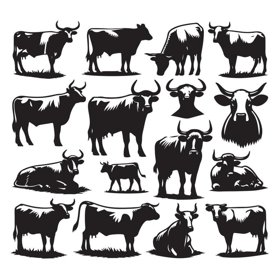 Compilation of cow silhouettes on a pristine white canvas vector