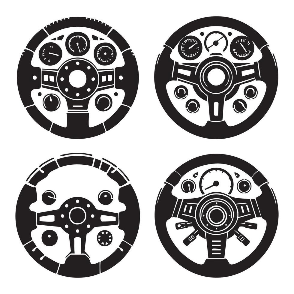 Set of car steering wheel silhouette on white background vector