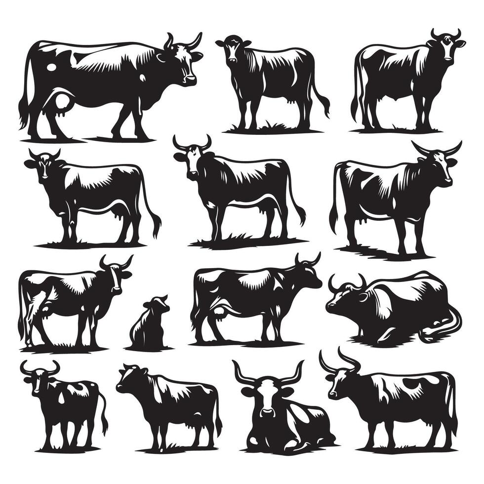 Collection of silhouetted cows over a white background vector