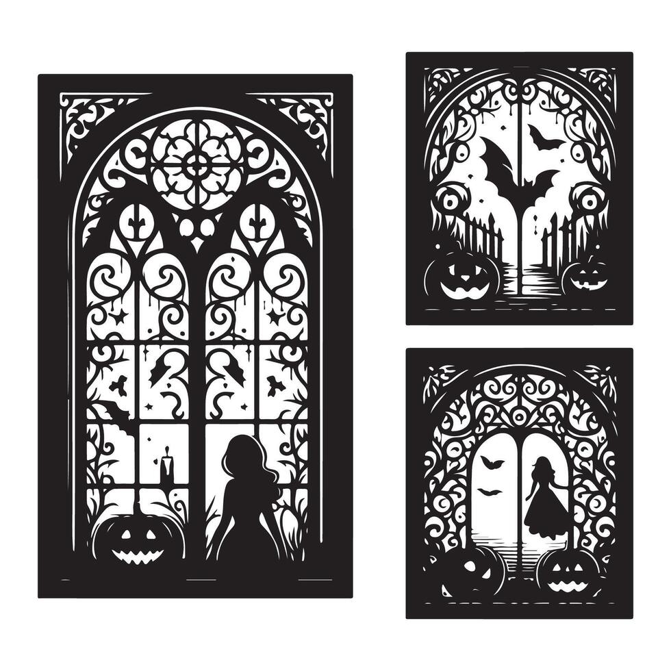 Display of Halloween-themed window silhouettes isolated on white background vector