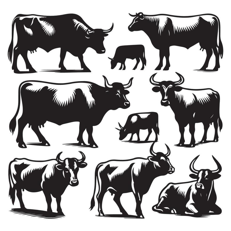 Group of cow silhouettes featured on a white backdrop vector