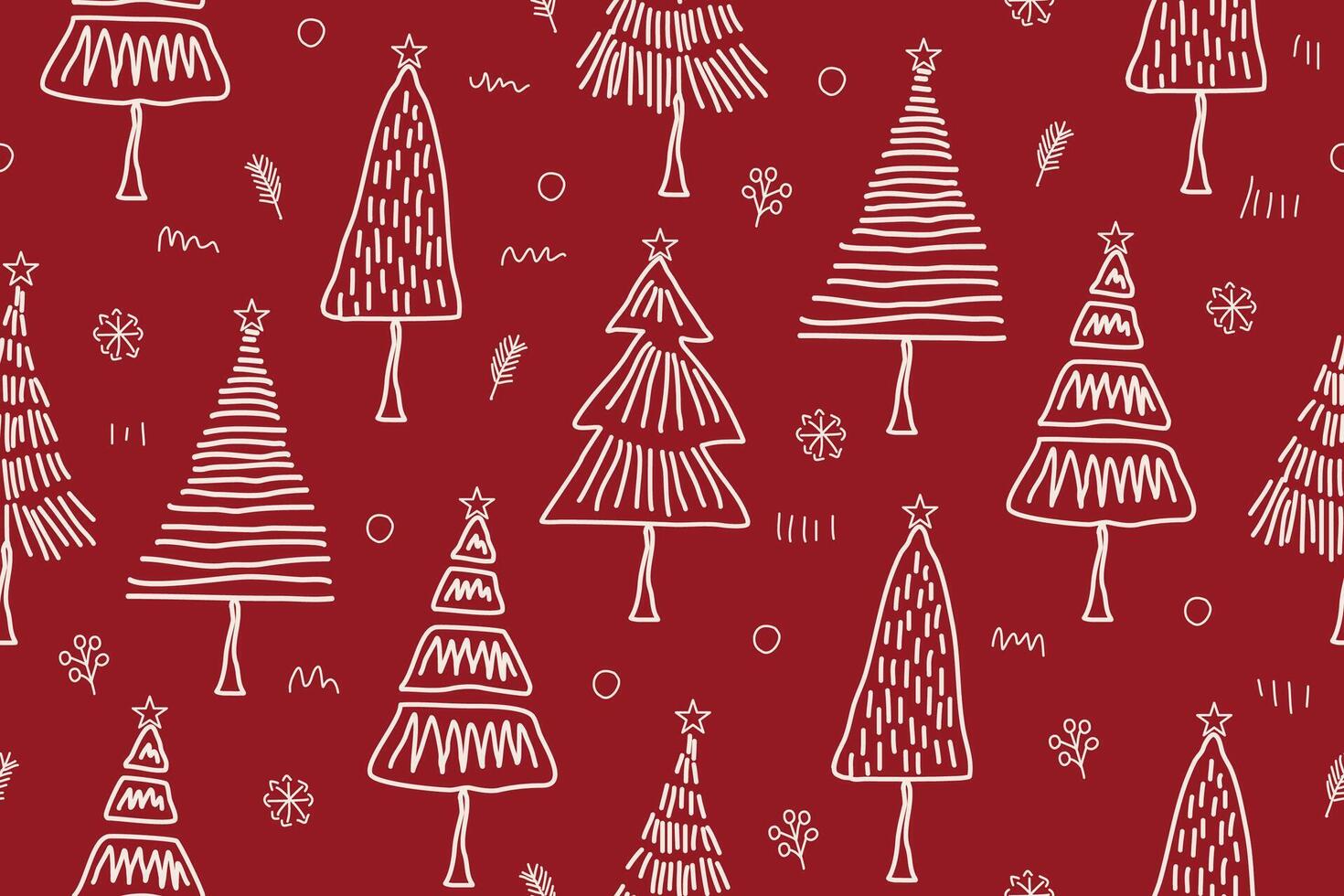 Christmas seamless pattern on a red background. Cute christmas tree doodle hand drawn. Celebrate festival. Design for illustration, fabric, wrapping, gift, paper, greeting cards. vector