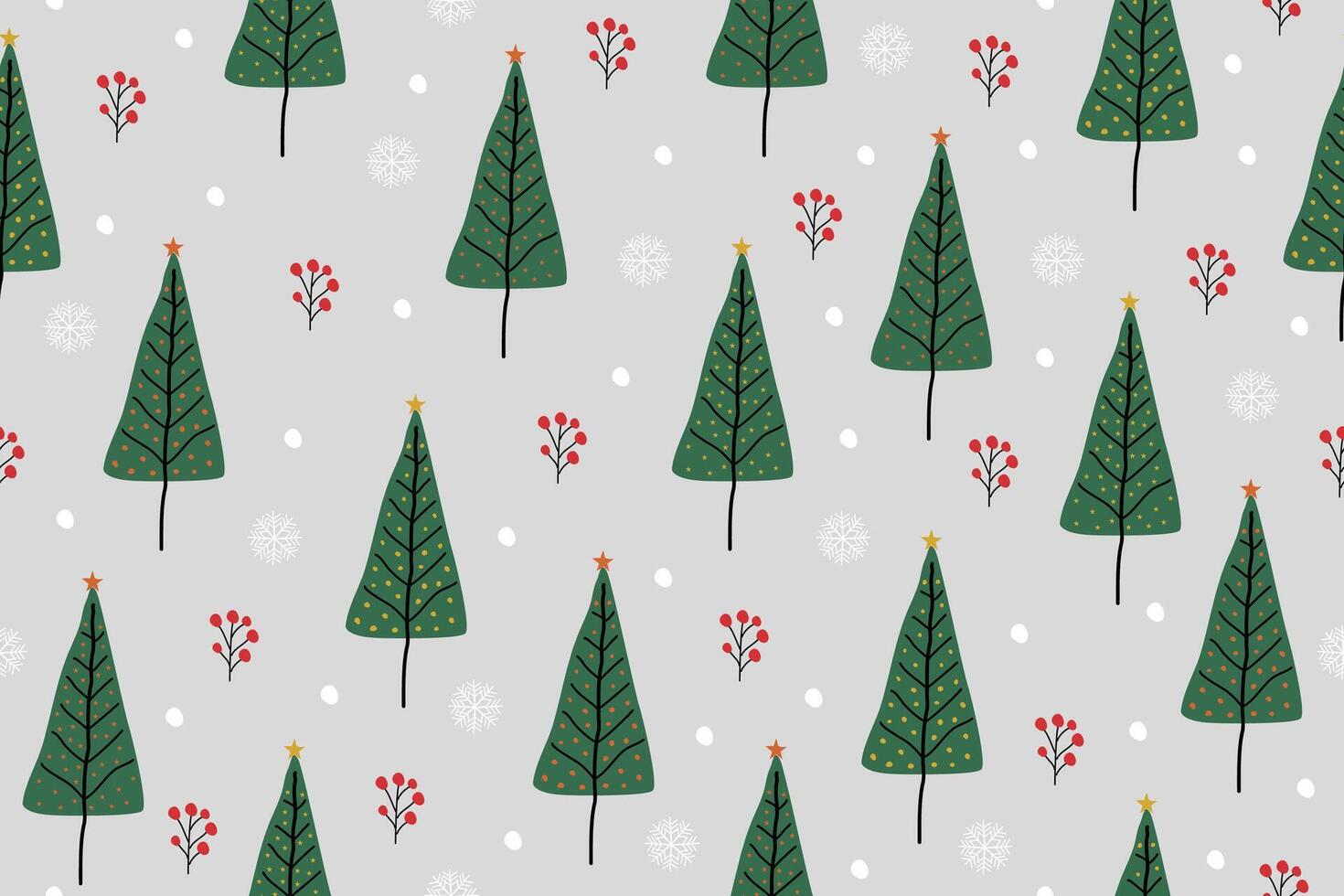 Christmas seamless pattern on a grey background. Cute christmas tree doodle hand drawn. Celebrate festival. Design for illustration, fabric, wrapping, gift, paper, greeting cards. vector