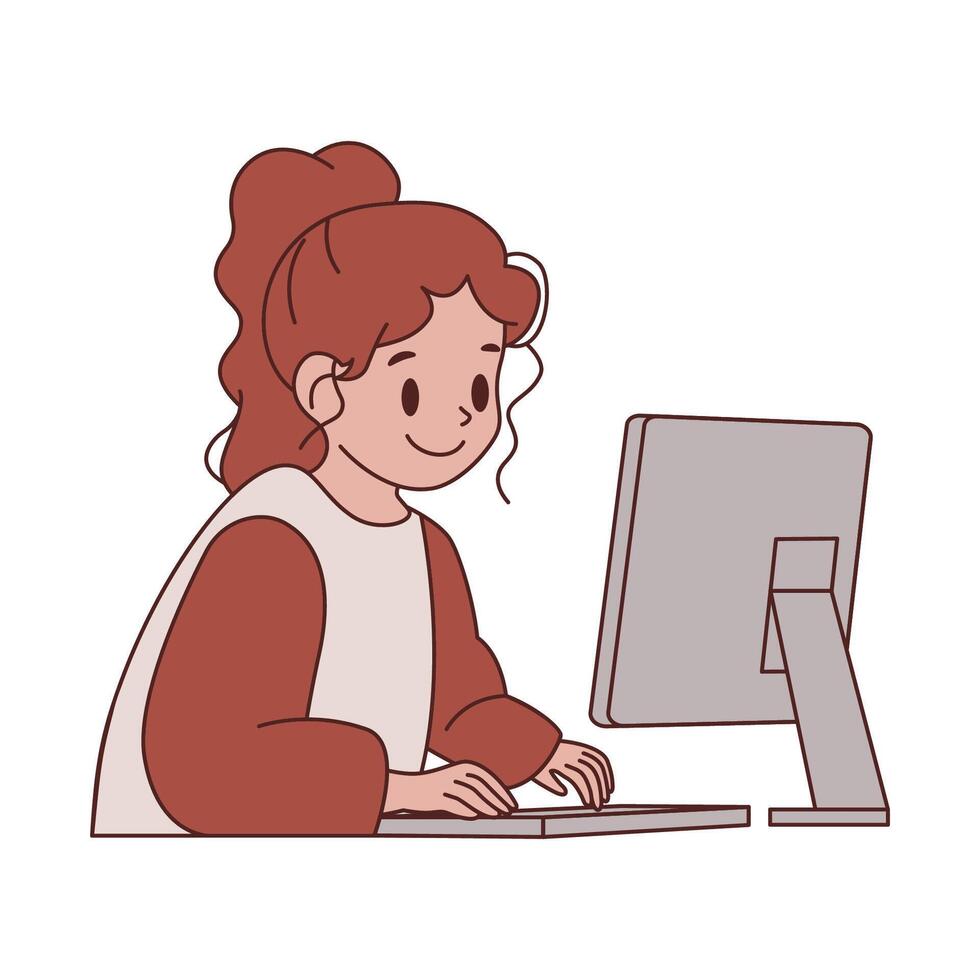 Cute Girl Employee Cartoon Character Typing on Keyboard Working with Computer vector