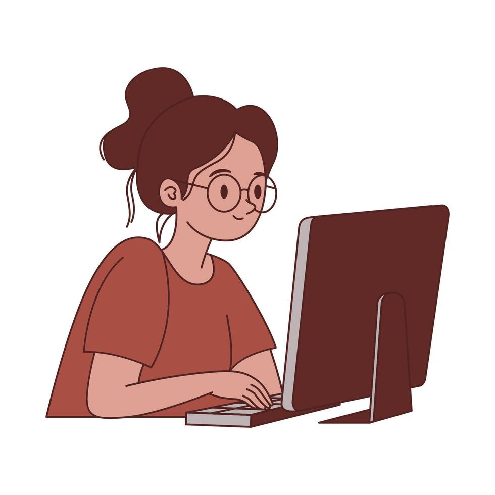 Girl Staff Cartoon Character Typing on Keyboard Working with Computer vector
