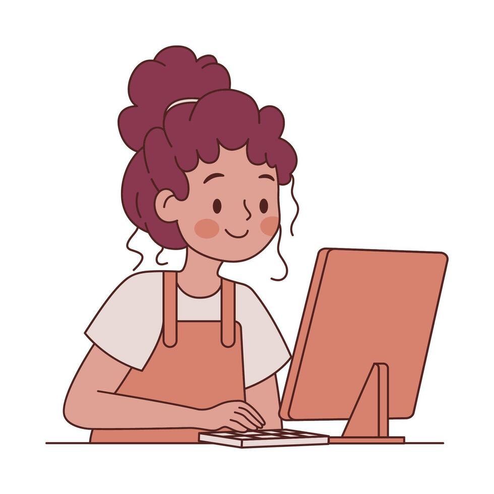 Girl Employee Cartoon Character Typing on Keyboard Working with Computer vector