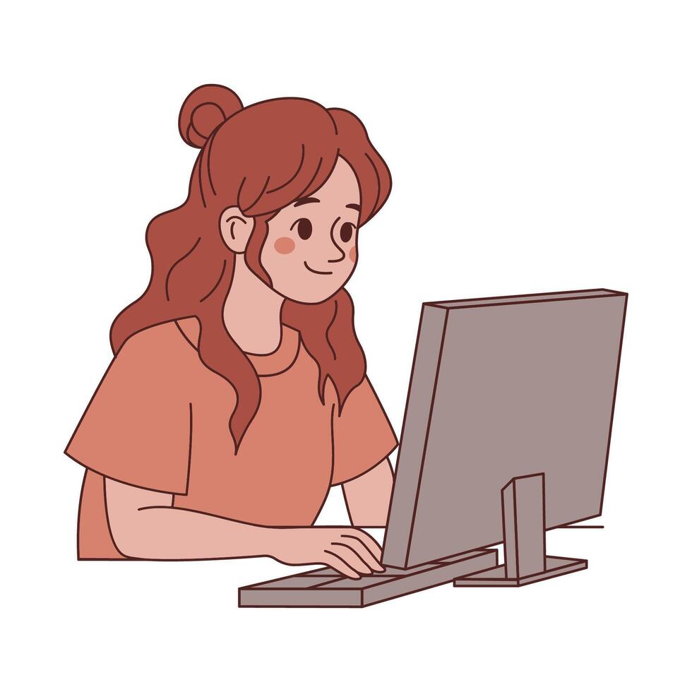 Funny Girl Employee Cartoon Character Typing on Keyboard Working with Computer vector