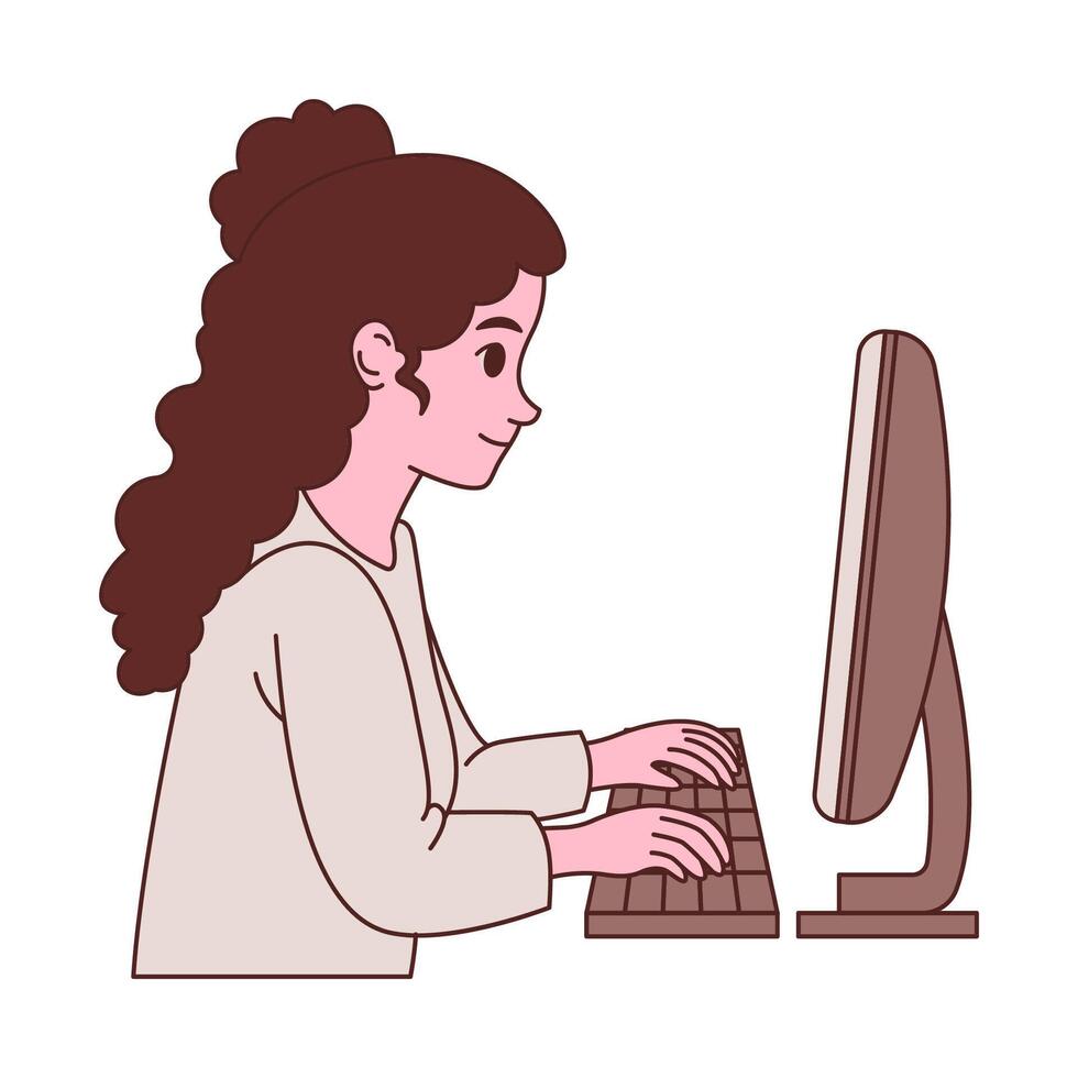 Beautiful Girl Employee Cartoon Character Typing on Keyboard Working with Computer vector