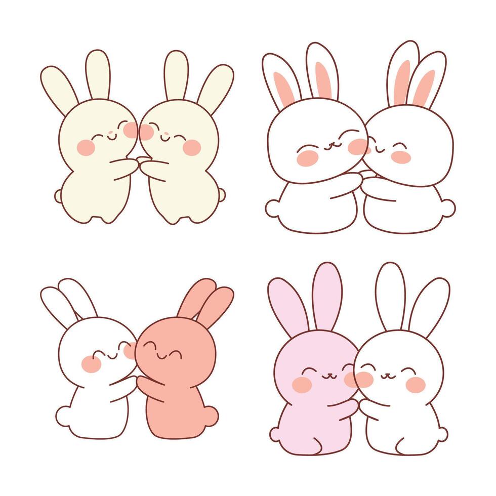 Cute Rabbit Bunny Love Couple Cartoon Character Hugging While Smiling vector