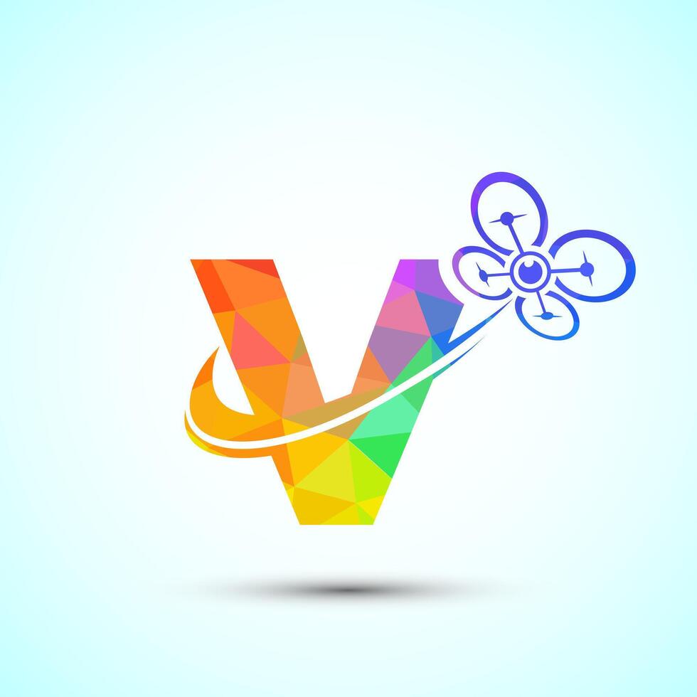 Letter V drone logo design template. Drone technology logo sign low poly style vector