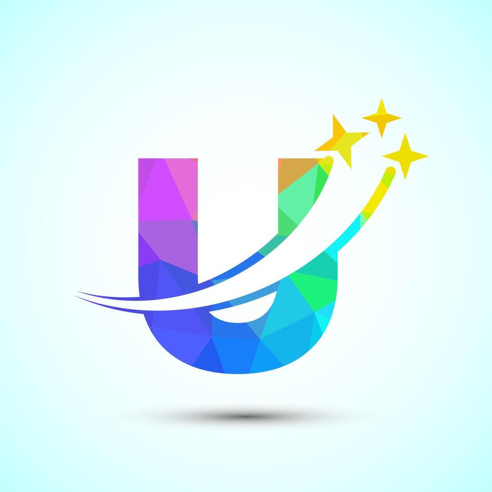 English alphabet U with swoosh and star sign. Shooting star logo design template low poly style vector