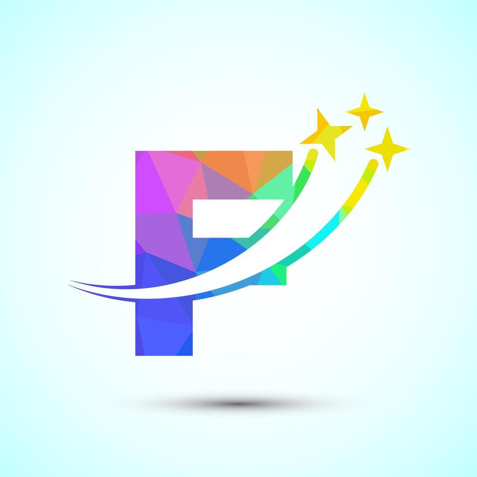 English alphabet F with swoosh and star sign. Shooting star logo design template low poly style vector