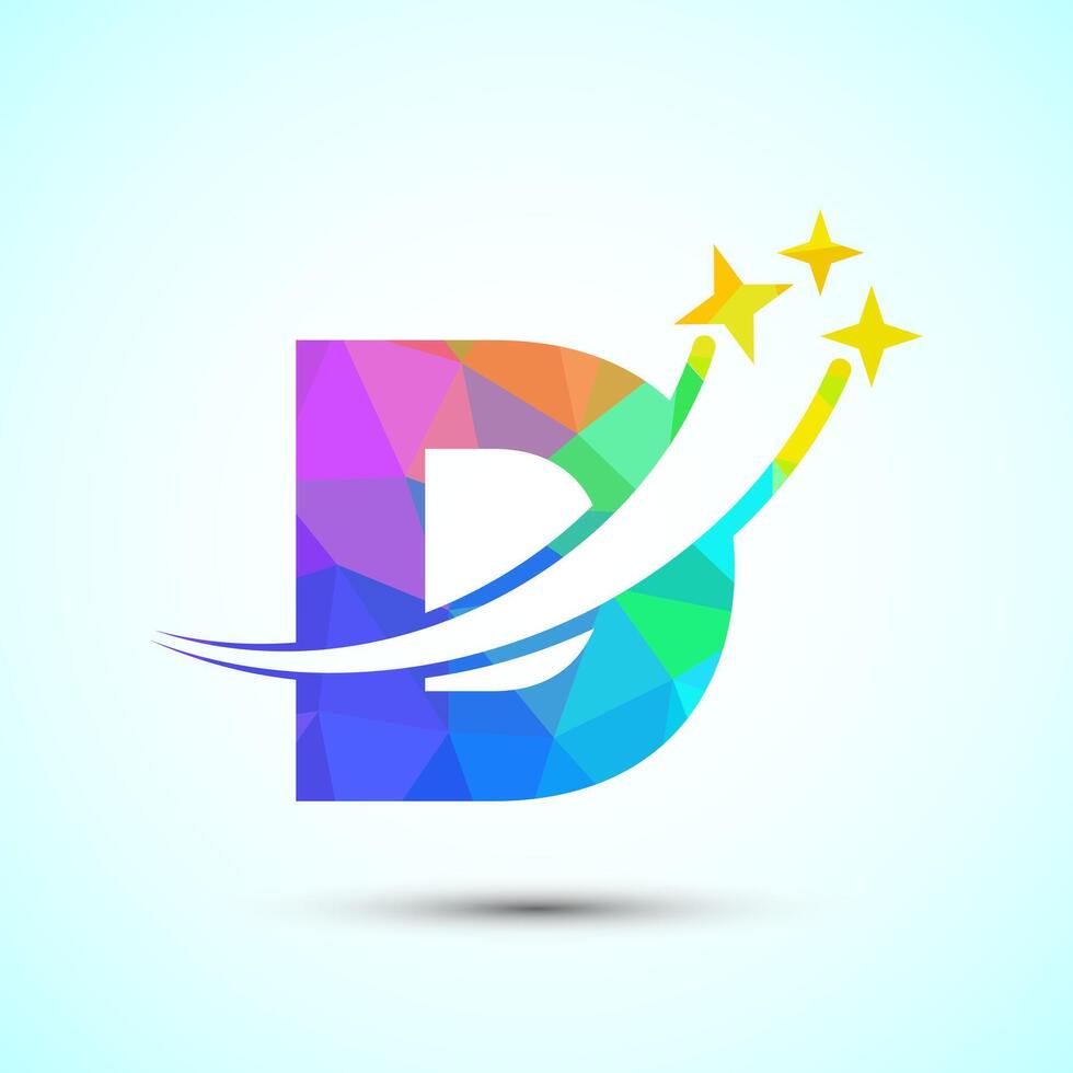 English alphabet D with swoosh and star sign. Shooting star logo design template low poly style vector