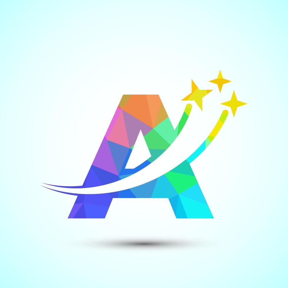 English alphabet A with swoosh and star sign. Shooting star logo design template low poly style vector