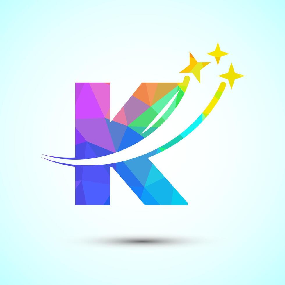 English alphabet K with swoosh and star sign. Shooting star logo design template low poly style vector