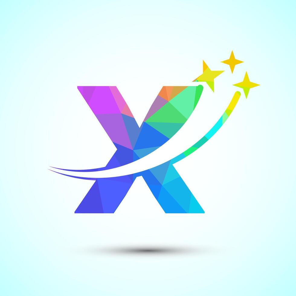 English alphabet X with swoosh and star sign. Shooting star logo design template low poly style vector