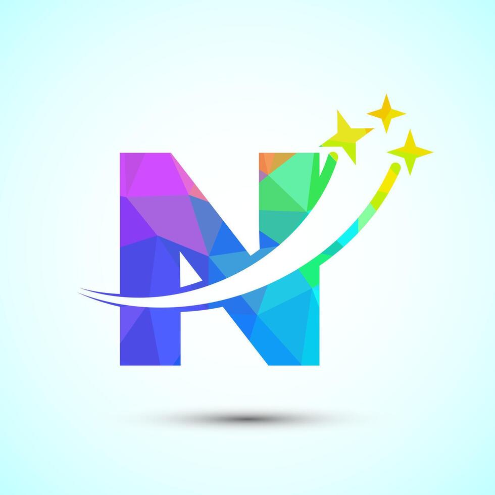 English alphabet N with swoosh and star sign. Shooting star logo design template low poly style vector