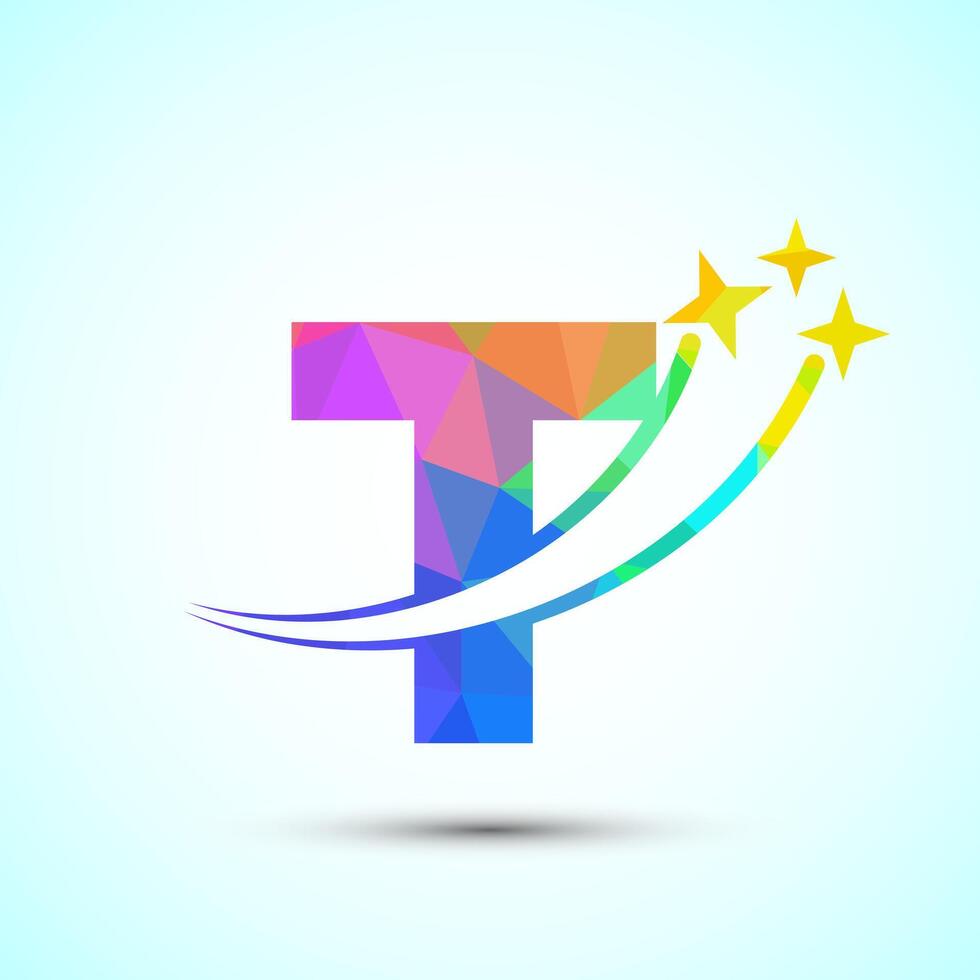 English alphabet T with swoosh and star sign. Shooting star logo design template low poly style vector