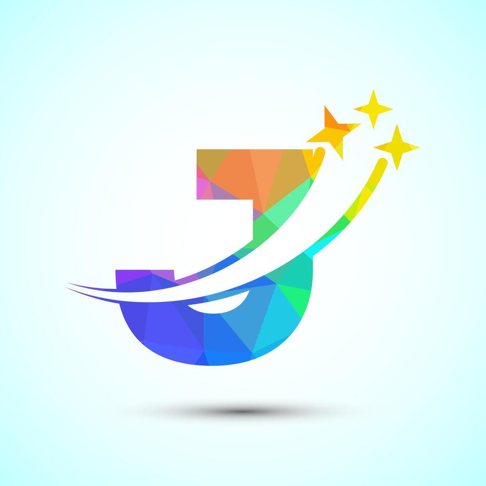 English alphabet J with swoosh and star sign. Shooting star logo design template low poly style vector