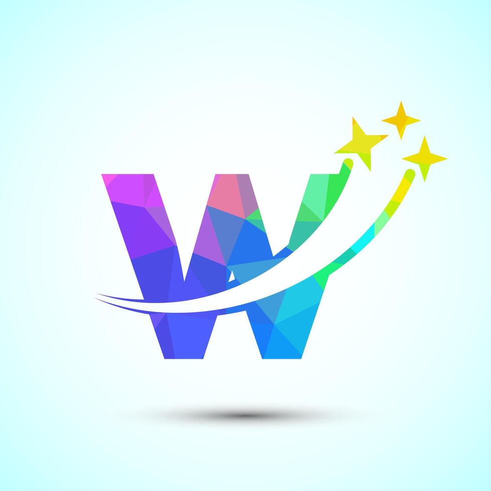 English alphabet W with swoosh and star sign. Shooting star logo design template low poly style vector