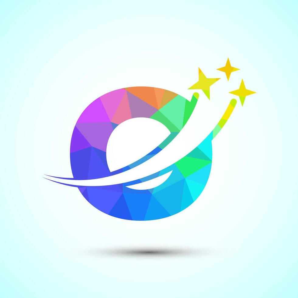 English alphabet O with swoosh and star sign. Shooting star logo design template low poly style vector